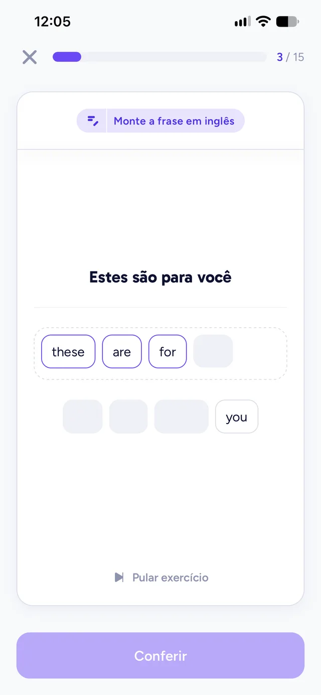 Exercício de escrita em blocos, montando em inglês a frase Estes são para você, com um bloco ainda por colocar