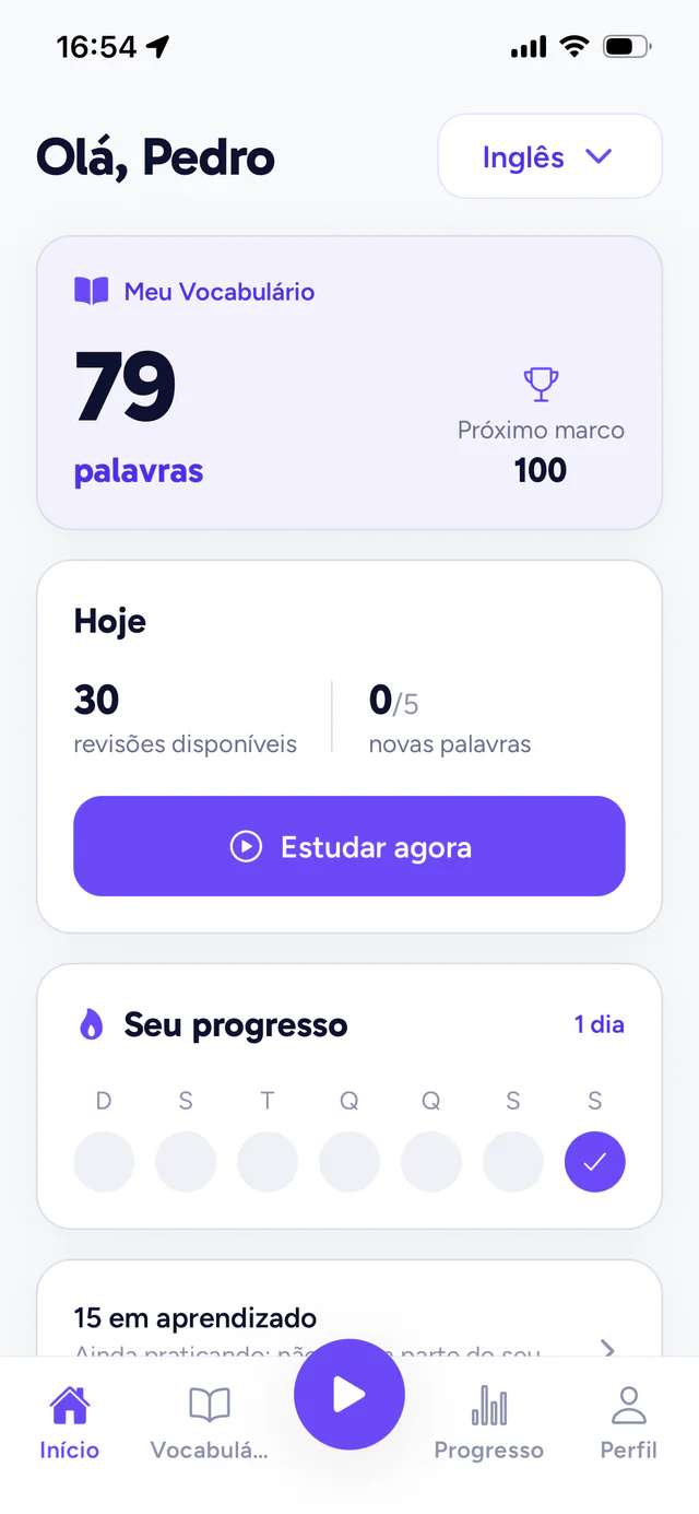 Tela inicial da Langualy com o Meu Vocabulário, as revisões do dia e o botão Estudar agora