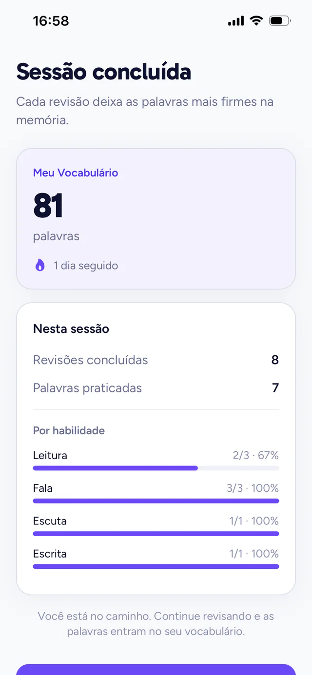 Sessão concluída com o Meu Vocabulário e o resumo por habilidade